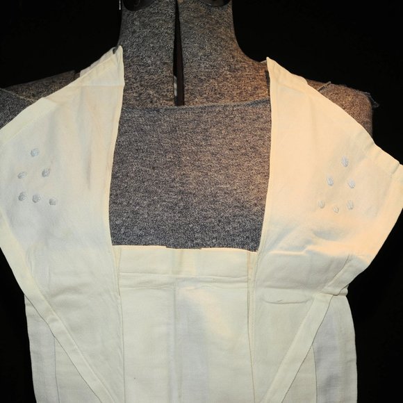 Vintage 50's Ivory Pleated Cotton Full Bib Apron Circle Embroidery Pin-On Waist - Picture 5 of 11
